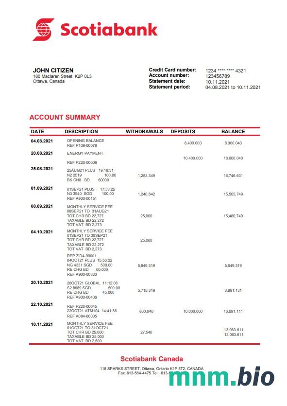 Wyciąg bankowy Canada Scotiabank (autosum)